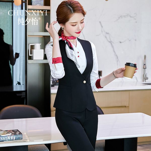 

el front dk reception female autumn and winter high-end profsional wear vt suit waiter work cloth stewards uniform, Black;white