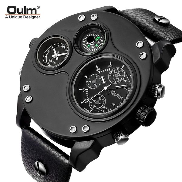 

watch oulm quartz compass men's double time zone large dial, Slivery;brown