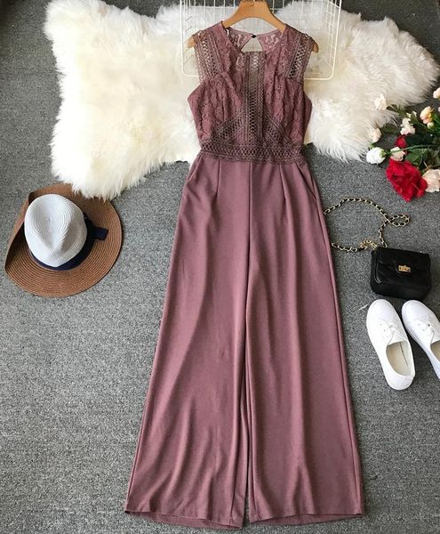 

women's jumpsuits & rompers 2021 body feminino polyester formal bodysuit jumpsuit round neck lace stitching halter wide leg trousers wo, Black;white