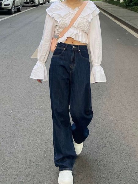 

blue summer loose high waist slim wide leg pants