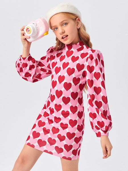 

girls mock-neck lantern sleeve heart dress she, Red;yellow
