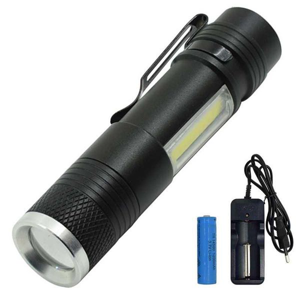 

wasafire mini pen light xpe q5+cob led zoomable 4 modes penlight rechargeable torch with 14500 battery+charger flashlights torche torches