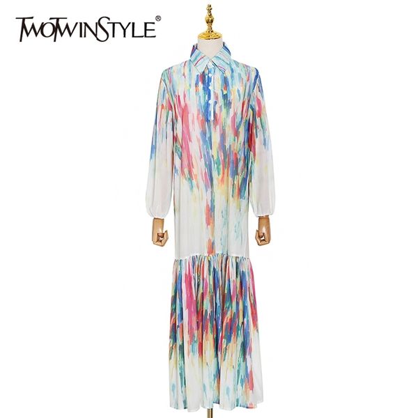 

patchwork print casual dress for women lapel collar long sleeve maxi loose dresses female summer clothes style 210520, Black;gray