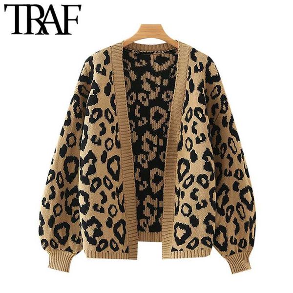 ONKOGENE Frauen Mode Leopard Muster Lose Strickjacke Pullover Vintage Laterne Hülse Weibliche Oberbekleidung Chic Tops 211018