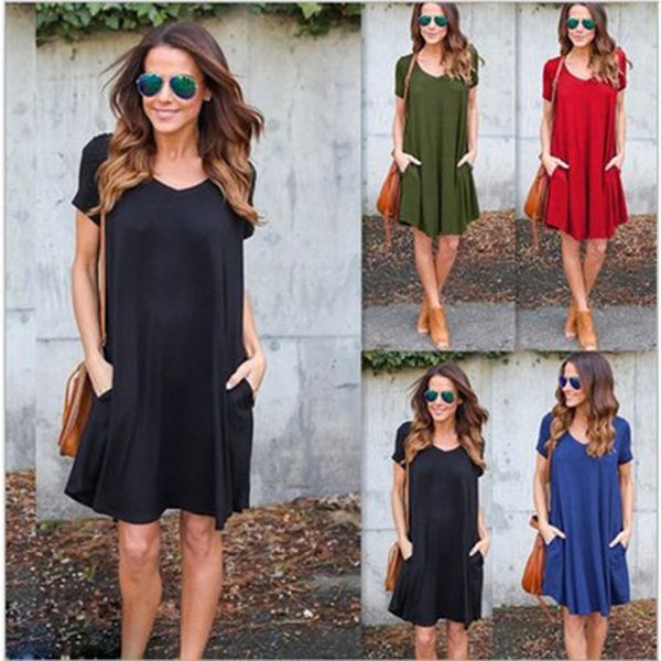 

fashionable skirt summer v-neck pocket loose short sleeve women's wear, Black