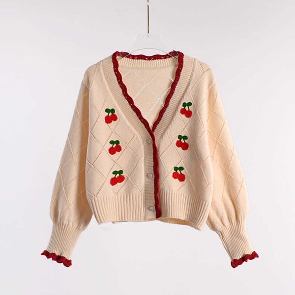 

sweaters sweet retro v neck puff sleeve cherry cardigan embroidery coat autumn knitwear pull jumpers full knitted applique 210610, White