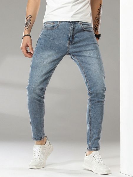 

men bleach wash tapered jeans c6tb#, Blue