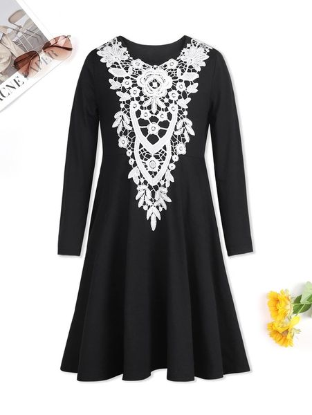 

girls 1pc guipure lace insert dress she, Red;yellow