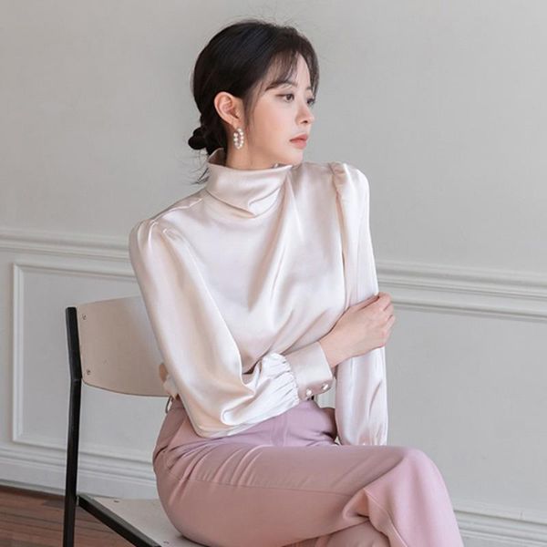 

women's blouses & shirts turtleneck satin chic blouse women autumn 2021 korean fashion pink puff long sleeve eelegant shirt femme, White