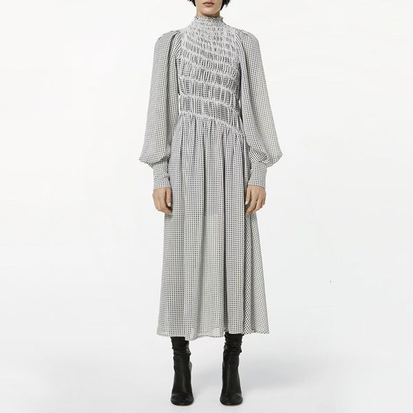 

msxu 2021 fashion feminine casual temperament flashlight plaid sleeve plied long female dress, Black;gray