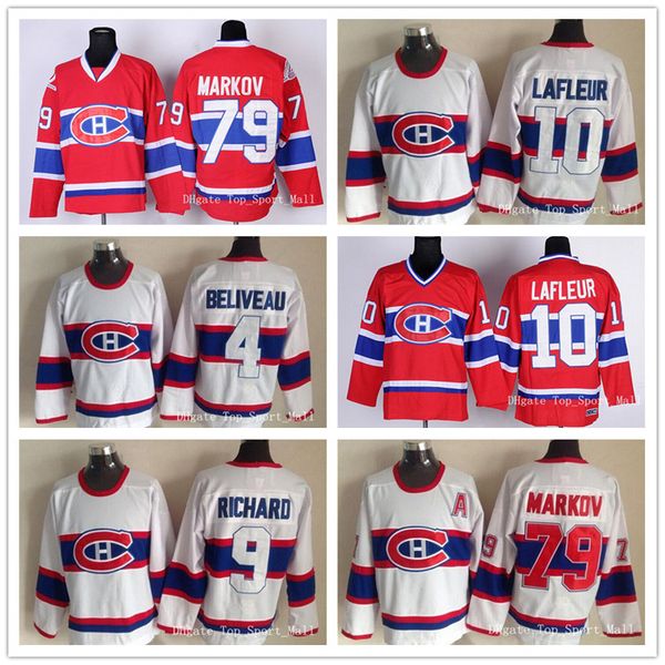 

montreal canadiens jerseys ice hockey 4 jean beliveau jersey retro red white 10 guy lafleur 79 andrei markov 9 maurice richard shirt uniform, Black;red