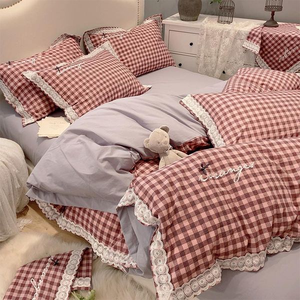 

bedding sets cotton set lattice princess style four piece ruffle pastoral quilt american extra large