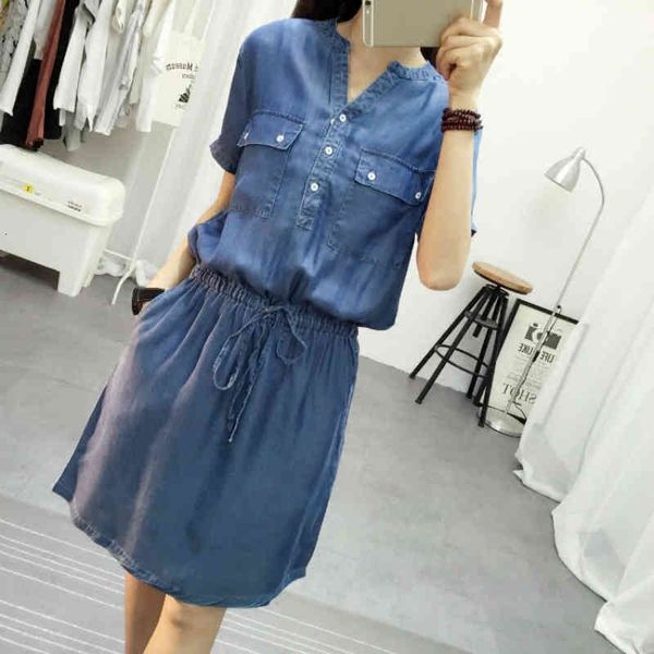 

casual dresses denim dress women korean summer fashion v-neck short sleeve jean female pockets slim blue vestidos f156 i7q6, Black;gray
