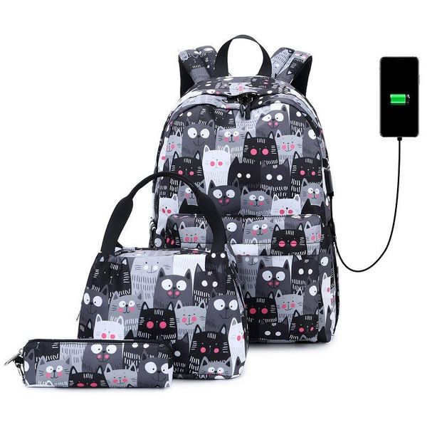 

school backpack for girls teens cat prints kids bookbag set water resistant women lapcasual daypack lightweight bags