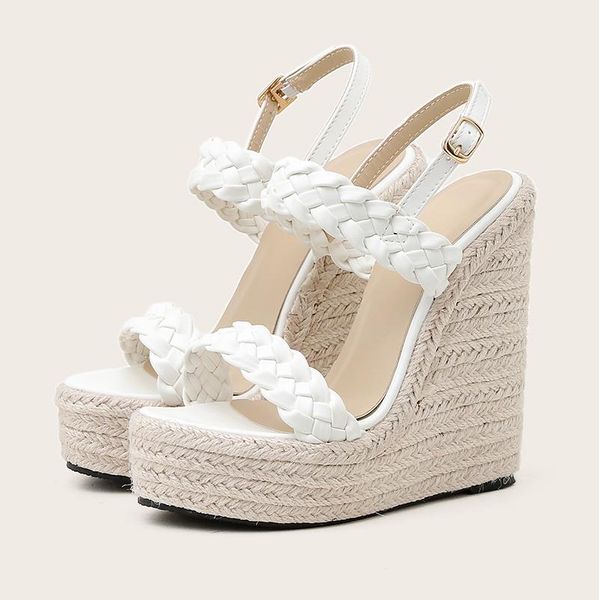 

sandals 2022 summer weave peep toe cane straw 6cm platform wedges rome women fashion 16cm high heels plus size shoes, Black