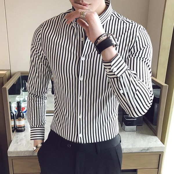

men's casual shirts autumn korean fashion button down shirt men design brand slim fit man long sleeve striped, White;black