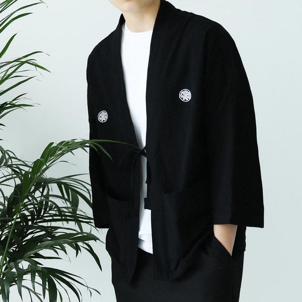 

men's jackets chinese style hanfu cotton and linen sleeves kimono tide male seven-point sleeve cardigan coat, Black;brown