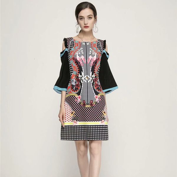 

spring ethnic retro-printing flowers off the shoulder of three-quarters temperament dress women's clothes, Black;gray