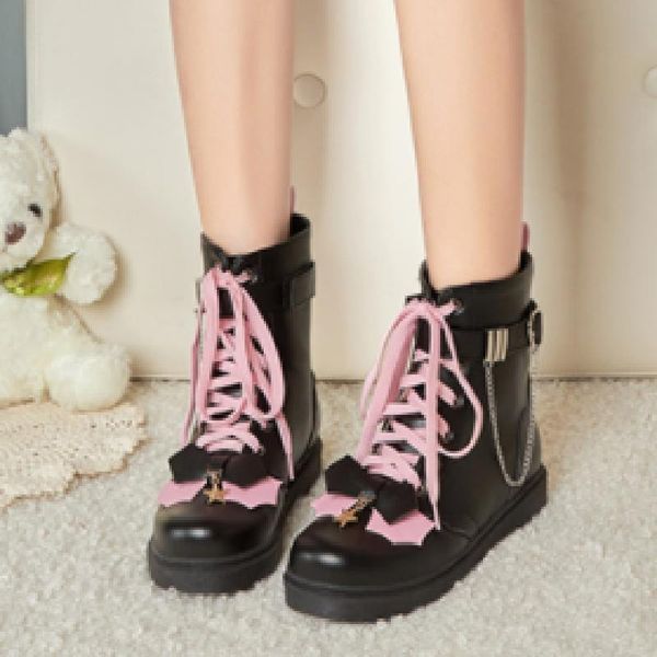 

boots ankle shoes lolita women mary jane vintage college student round head metal decoration plus size 34-43, Black