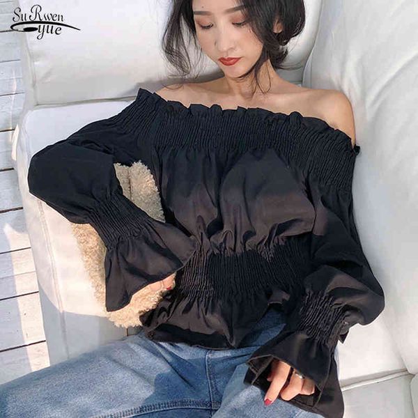 

fashion slash neck cotton women blouse and casual long sleeve flare shirts female clothing 13307 210508, White