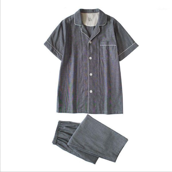 

men's sleepwear 2021 summer men casual solid pajama sets male 100% washed cotton suit turn-down collar cardigan shirt & pants, Black;brown