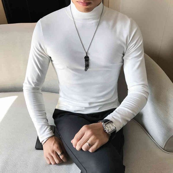 

men's hoodies & sweatshirts korean t shirt men fashion 2021 autumn winter solid stretched turtleneck long sleeve slim fit warm tee, Black