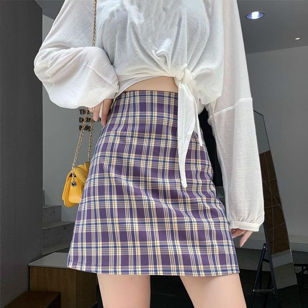 

skirts women plaid high waist slim pencil skirt female vintage street sweet summer a-line mini multi-size streetwear, Black