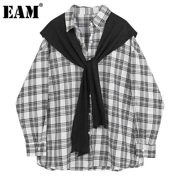 

[eam] women black plaid knitted bandage big size blouse lapel long sleeve loose fit shirt fashion spring autumn 1dd6299 21512, White