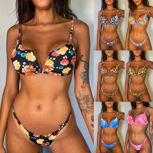 

one-piece suits women bikinis 2021 mujer summer high waist swimsuit printing two piece talla grande set push up bathing swimwear plus s