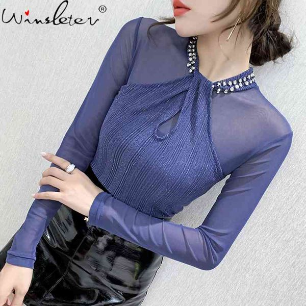 

women's t-shirt fall winter korean style vintage t-shirt chic stand collar shiny dimaonds patchwork mesh women ropa muje, White