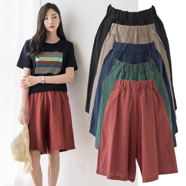 

fashion women shorts summer cotton linen casual ladies drawstring elastic loose short trousers plus size s-8xl women's, White;black