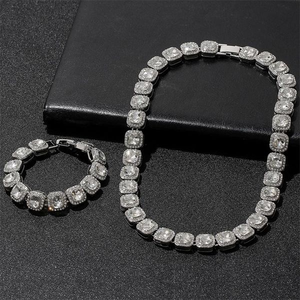

chains men hip hop 13mm iced out square crystal cuban chain necklace rhinestone for women jewelry gift, Silver