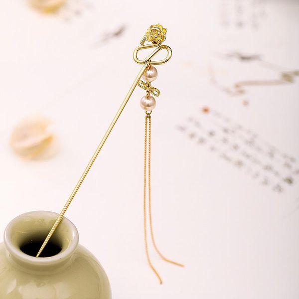 

other forseven luxury simple gold color simulated pearls long tassel hairpins clips hair fork sticks chinese hanfu dress headpieces, Golden;white