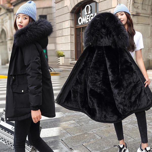 

vielleicht 2022 parkas new cotton thicken warm winter jacket coat women casual parka clothes fur lining hooded parka mujer coats, Black