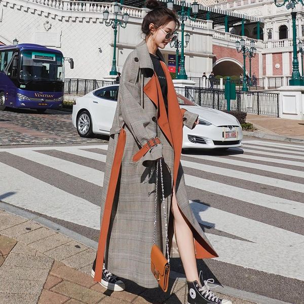 

women's trench coats long plaid windbreaker 2021 spring autumn plus size loose cotton material with lining fashion coat 75q, Tan;black
