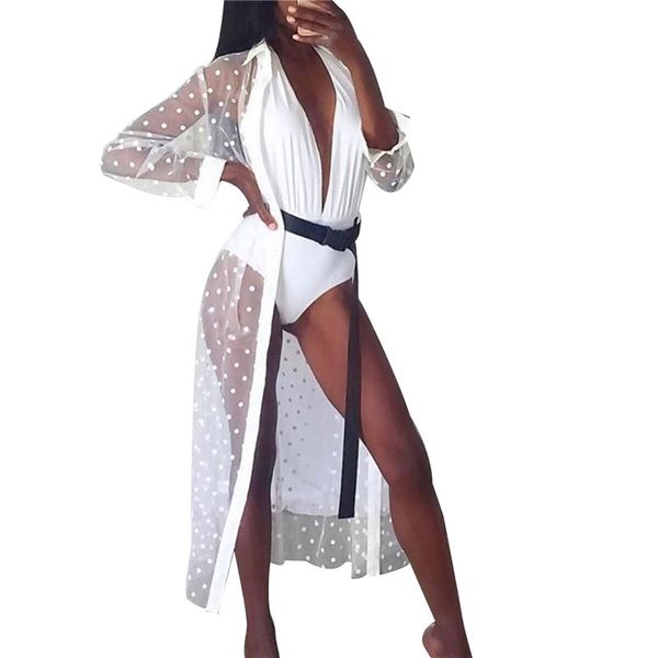 

women's swimwear 2021 polka dot beach smock lapel long sleeve mesh perspective coat for daily life and vacation, White;black