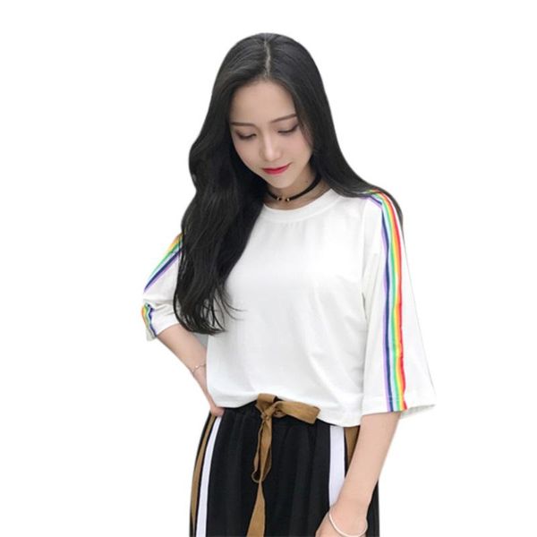 

women's t-shirt 2021 women cropped rainbow printed summer, White