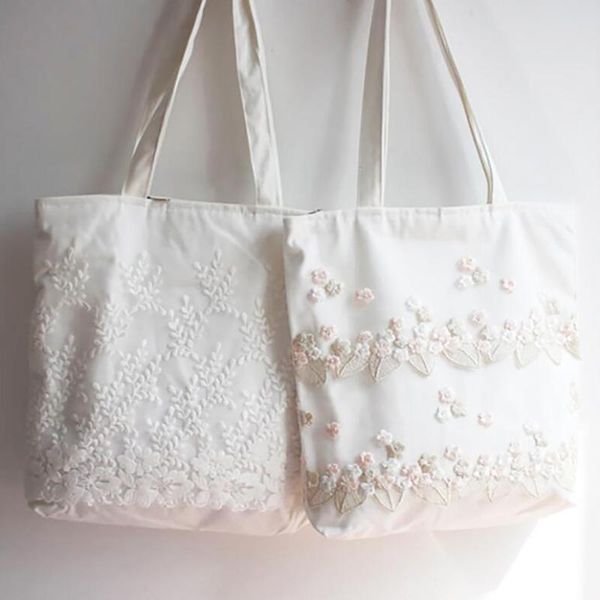 

fashion lace flower floral embroidery book bag white canvas bags women casual summer luggage organizer students school