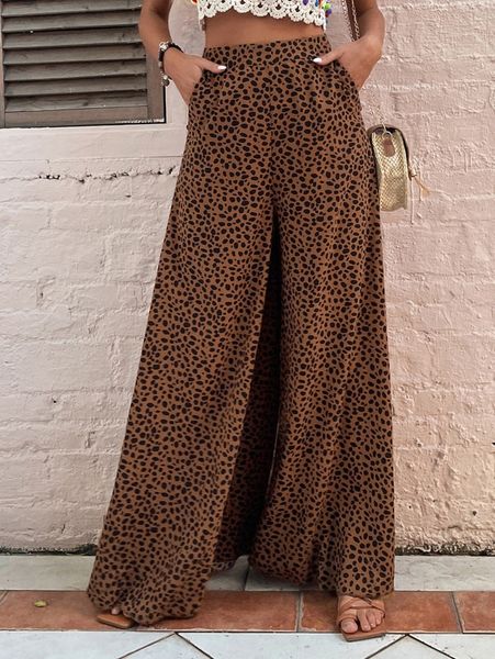 

slant pockets zipper fly palazzo pants c0r2#, Black;white