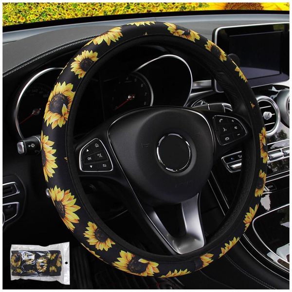 

steering wheel covers car cover auto steering- elastic printed sunflower universal car-styling interior accessories