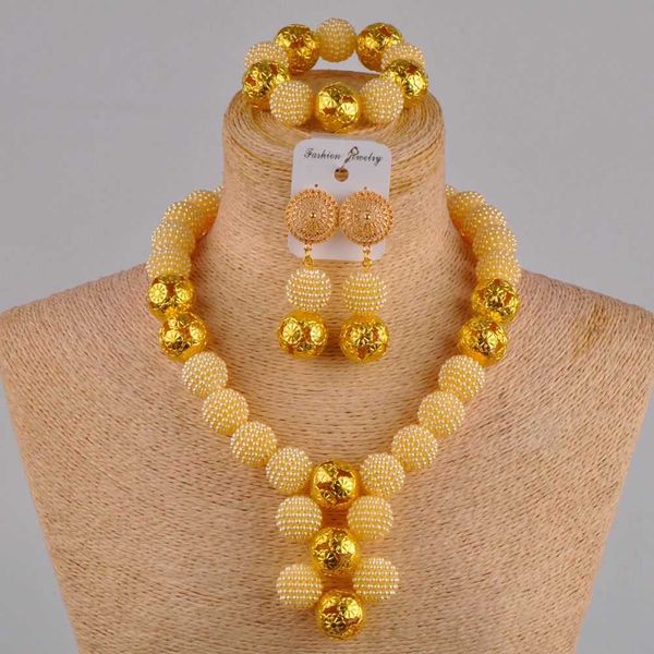 Gold Halskette afrikanischen Set Beige simulierte Perle nigerianischen Hochzeit Set Kostüm afrikanischen Schmuck-Set ZZ05 H1022