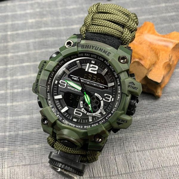 

wristwatches shiyunme men military watch 50m waterproof compass thermometer dual time display led quartz male sports relogios masculino, Slivery;brown