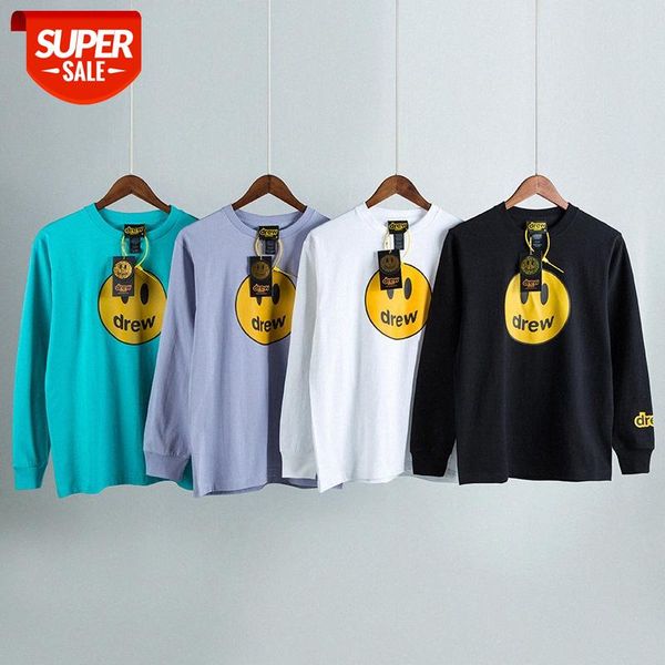 

drew smiley face t-shirt house long-sleeved bottoming shirt couple fog street round neck passed justin bieber brand #h00b, White;black