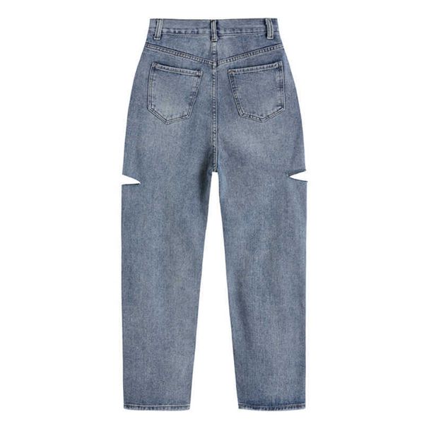 

high waist women ripped jeans straight casual streetwear spring fashion iong pants baggy blue versatile denim trouser 210809