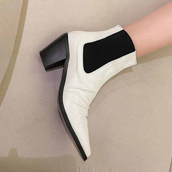 

boots arden furtado 2021 fashion women's shoes chunky heels commuter genuine leather pointed head slip on ankle, Black