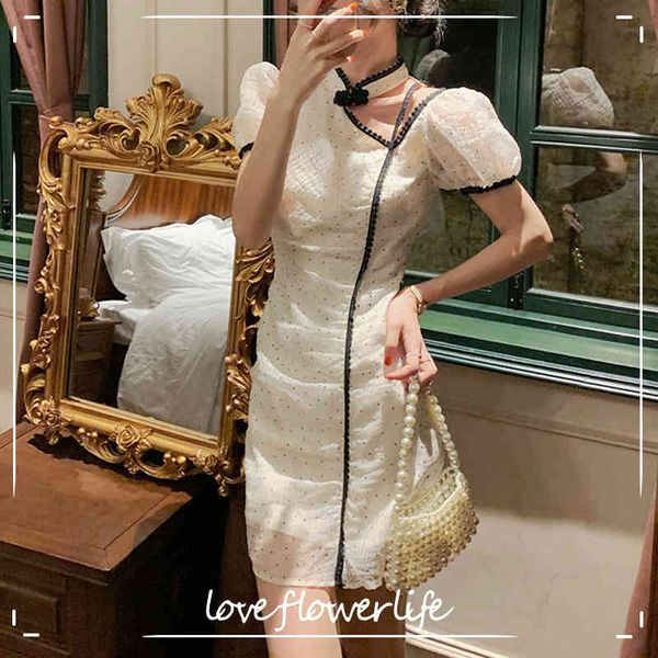 

chic vintage dresses women short sleeve elegant light dress evening korean fashion bow design summer office ladies 210521, Black;gray