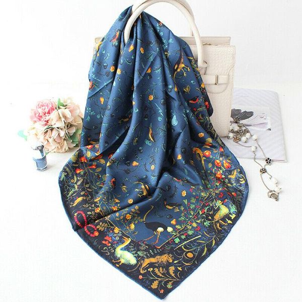

scarves 100% silk scarf women fashion twill kerchief bird flower print shawl hijab hand rolled bandana headscarf 90*90cm, Blue;gray