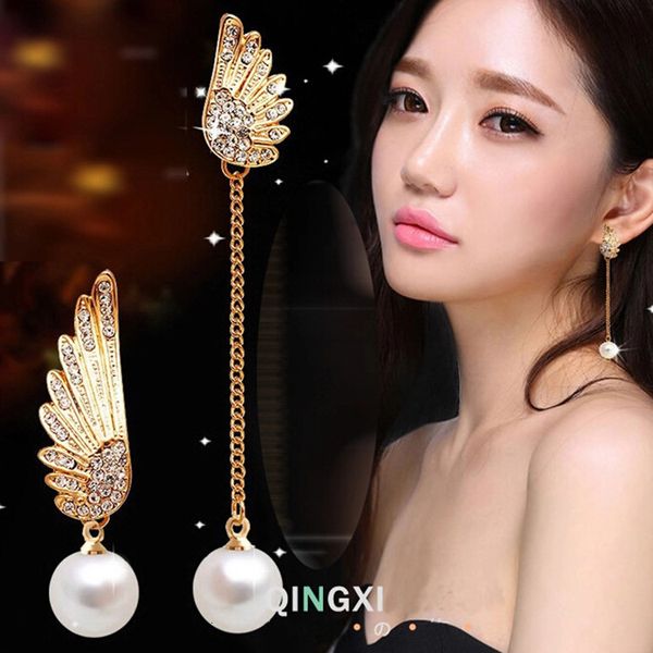 

exaggerated jewelry angel wings pearl earrings asymmetric tassel long earrings diamond earrings, Golden