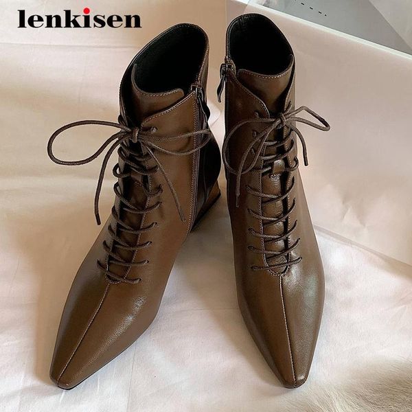 

boots lenkisen work genuine leather cross-tied small square toe thick med heel zipper office lady dress fashion ankle l35, Black