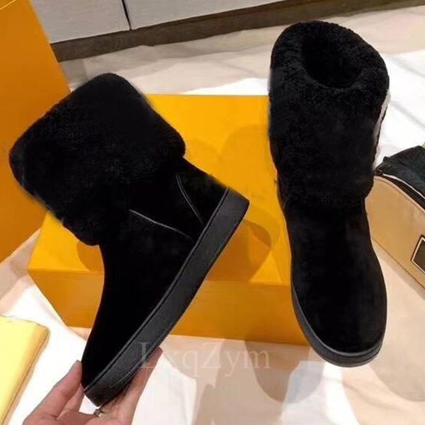 

boots fashion brand women's booties winter warm ankle shoes for female genuine cow suede wool furry boottes round toe flats snow, Black
